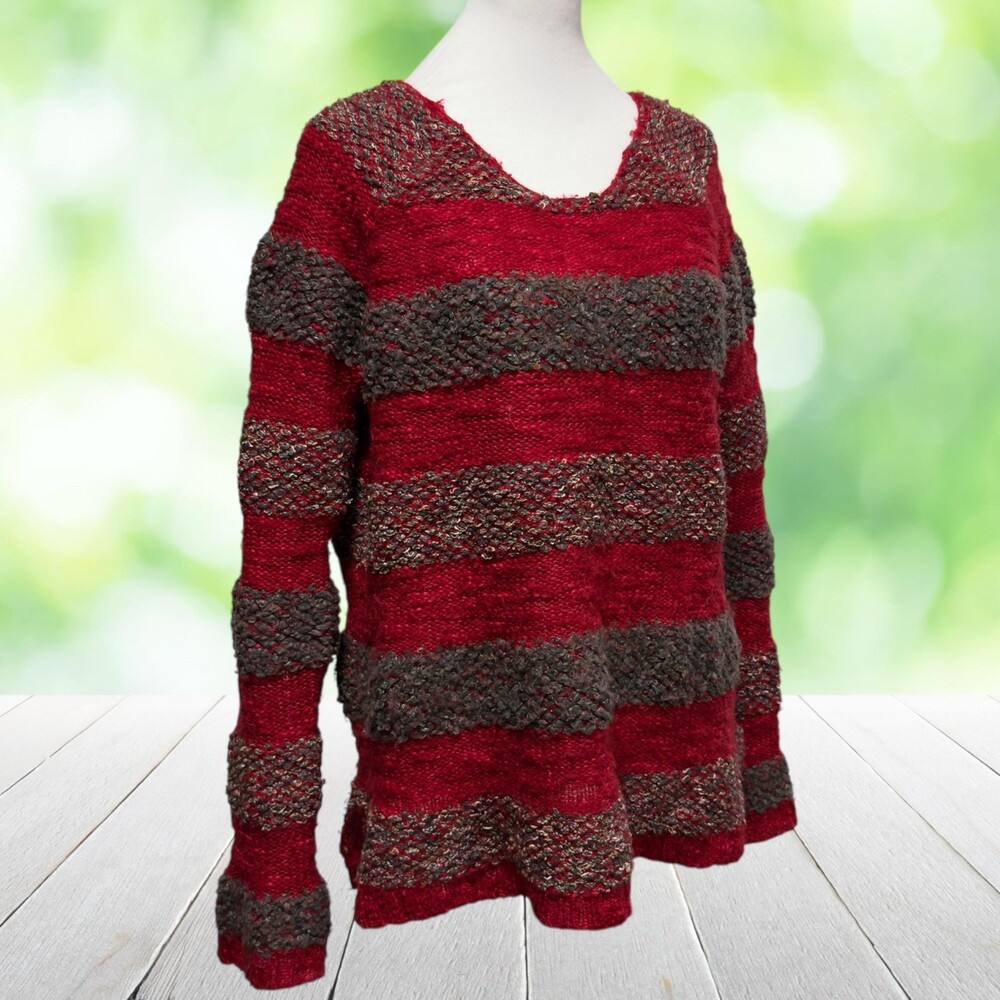 FREE PEOPLE Sweater Striped Oversized Slouchy Grunge Chunky Knit Red Gray Size S